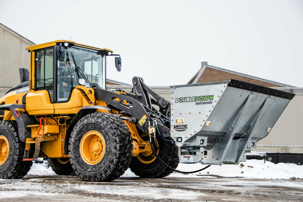 3-yard DoubleDown salt bucket mounted on a loader for Arctic Snow and Ice Control in Western Canada